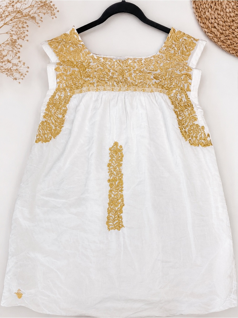 Embroidered Square-Neck White & Gold Sleeveless Blouse
